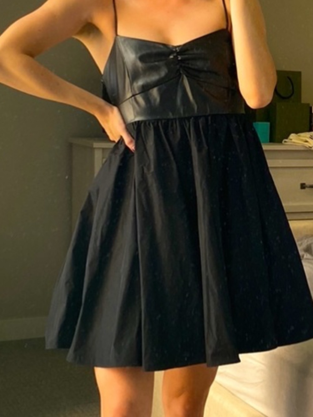 ZARA Black Satin & Faux Leather Spaghetti-Strap Dress